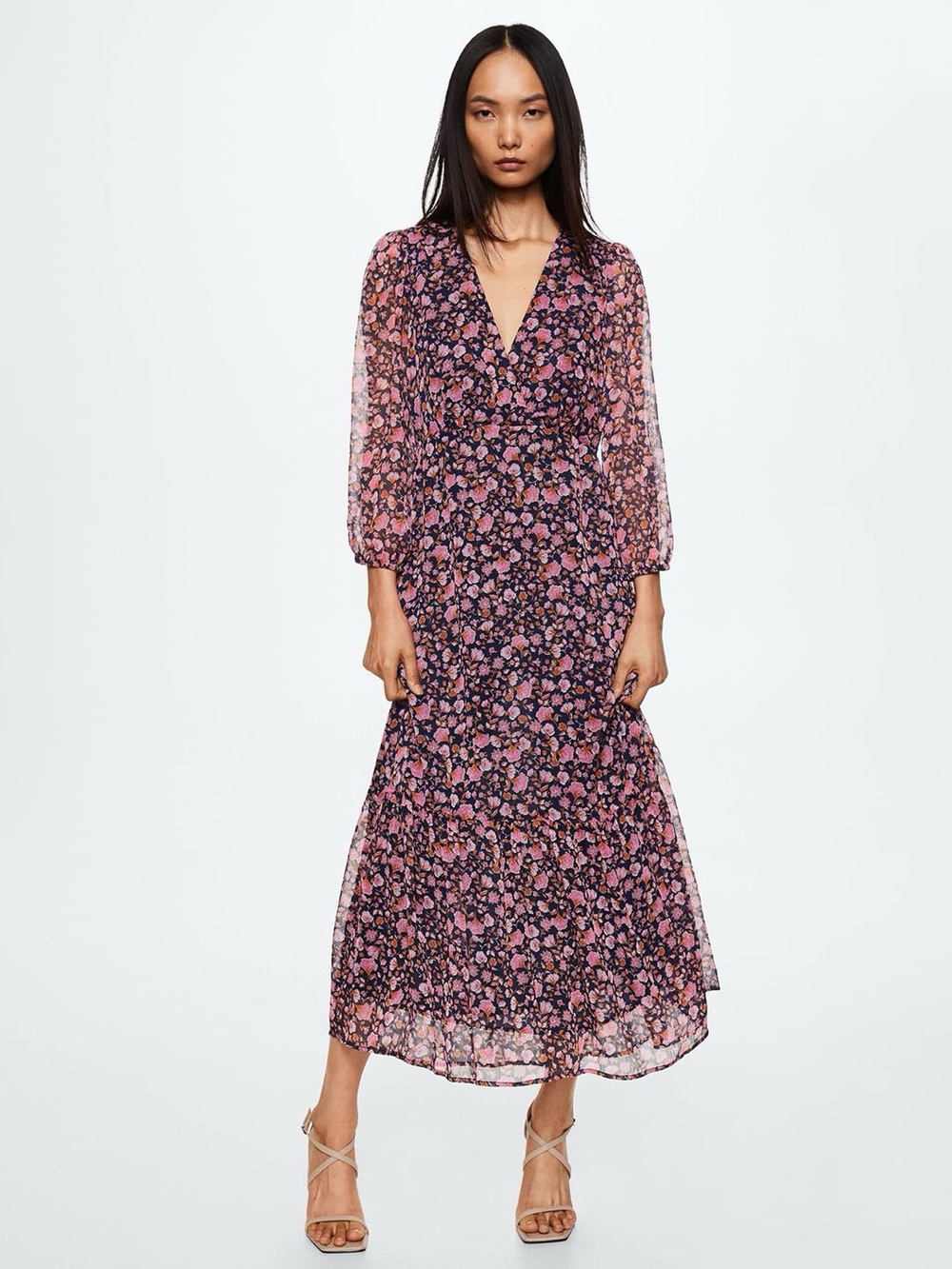 Mango Floral V-Neck Maxi Dress w Sheer Balloon Sleeves & Overlay Fall Vibes